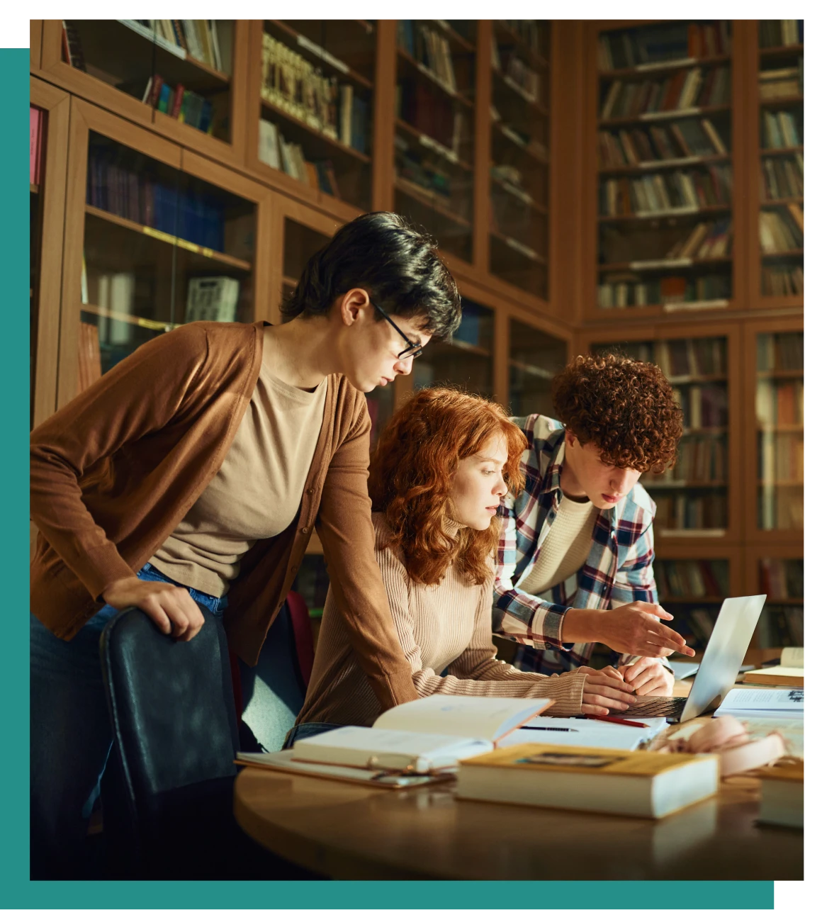 Friends researching in a library setting