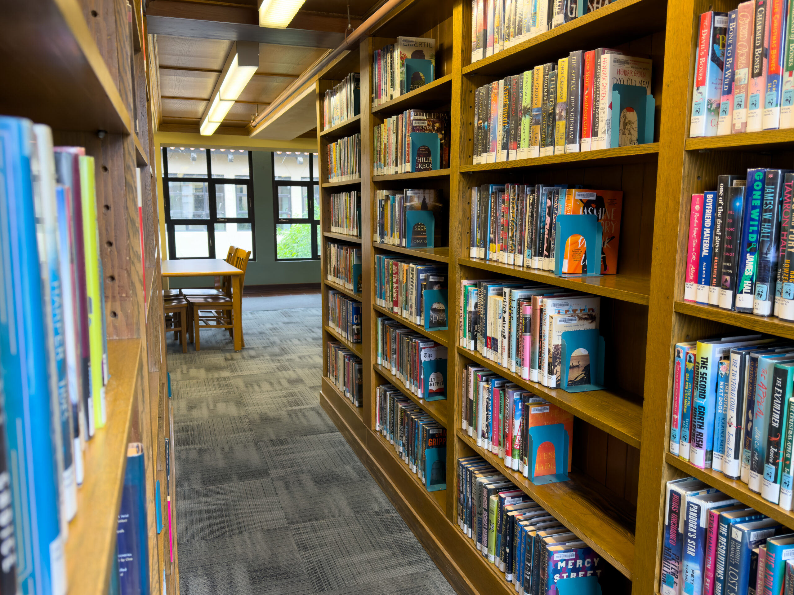quiet library aisle stretches forward between tall wooden bookshelves packed tightly with books of many colors and sizes. The shelves run parallel on both sides, creating a narrow corridor that leads the eye toward a small window at the far end, where daylight softly filters in.